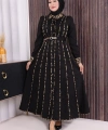 Leopar Biyeli Kemerli Elbise 3930 Siyah