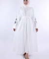 Nakış İşleme Detaylı Bel Kuşaklı Abaya 7898 Ekru