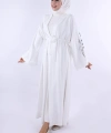 Nakış İşleme Detaylı Bel Kuşaklı Abaya 7898 Ekru