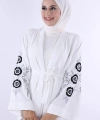 Nakış İşleme Detaylı Bel Kuşaklı Abaya 7898 Ekru
