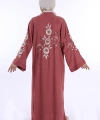 Nakış İşleme Detaylı Bel Kuşaklı Abaya 7898 Gül Kurusu