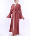 Nakış İşleme Detaylı Bel Kuşaklı Abaya 7898 Gül Kurusu