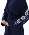 Nakış İşleme Detaylı Bel Kuşaklı Abaya 7898 Lacivert