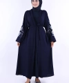 Nakış İşleme Detaylı Bel Kuşaklı Abaya 7898 Lacivert