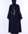 Nakış İşleme Detaylı Bel Kuşaklı Abaya 7898 Lacivert