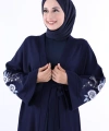Nakış İşleme Detaylı Bel Kuşaklı Abaya 7898 Lacivert