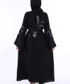 Nakış İşleme Detaylı Bel Kuşaklı Abaya 7898 Siyah