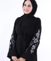 Nakış İşleme Detaylı Bel Kuşaklı Abaya 7898 Siyah