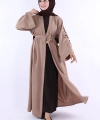 Nakış İşleme Detaylı Bel Kuşaklı Abaya 7898 Vizon