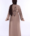 Nakış İşleme Detaylı Bel Kuşaklı Abaya 7898 Vizon