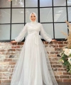 Omuz Şerit Detay Bel Bağlamalı Tül Abiye Elbise 3964 Ekru