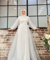 Omuz Şerit Detay Bel Bağlamalı Tül Abiye Elbise 3964 Ekru
