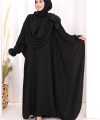 Pamuk Çiçek Detaylı Elbise Abaya ŞAL HEDİYE  8009 Siyah
