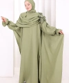Pamuk Çiçek Detaylı Elbise Abaya ŞAL HEDİYE  8009 Yeşil