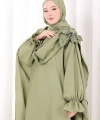 Pamuk Çiçek Detaylı Elbise Abaya ŞAL HEDİYE  8009 Yeşil