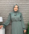Piliseli Omuz Kısmı Dantel Görünümlü Yaka Detay Elbise 3726 Mint
