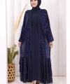Pulpayet İşlemeli Abaya ve Elbise Takım 8483 Lacivert
