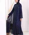 Pulpayet İşlemeli Abaya ve Elbise Takım 8483 Lacivert