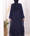 Pulpayet İşlemeli Abaya ve Elbise Takım 8483 Lacivert