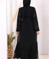 Pulpayet İşlemeli Abaya ve Elbise Takım 8483 Siyah
