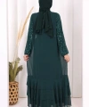 Pulpayet İşlemeli Abaya ve Elbise Takım 8483 Zümrüt