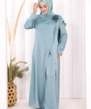 Saten Gül Broşlu Uzun Tunik Pantolon İkili Takım 8010 Mint