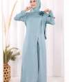 Saten Gül Broşlu Uzun Tunik Pantolon İkili Takım 8010 Mint