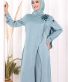 Saten Gül Broşlu Uzun Tunik Pantolon İkili Takım 8010 Mint