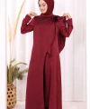 Saten Gül Broşlu Uzun Tunik Pantolon İkili Takım 8010 Mürdüm