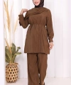 Sedef Kumaş Tunik Pantolon İkili Takım 8693 Kahverengi