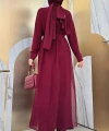 Şifon Pelerin Detay Bel Kuşaklı Tulum 3330 Bordo