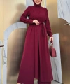 Şifon Pelerin Detay Bel Kuşaklı Tulum 3330 Bordo