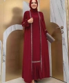 Taş Detaylı Abaya Sıfır Kol Elbise Takım 3657 Bordo
