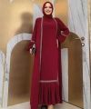 Taş Detaylı Abaya Sıfır Kol Elbise Takım 3657 Bordo