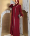 Taş Detaylı Abaya Sıfır Kol Elbise Takım 3657 Bordo