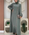 Taş Detaylı Abaya Sıfır Kol Elbise Takım 3657 Mint