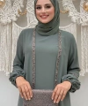 Taş Detaylı Abaya Sıfır Kol Elbise Takım 3657 Mint