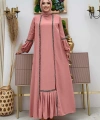 Taş Detaylı Abaya Sıfır Kol Elbise Takım 3657 Pudra