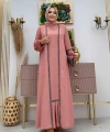 Taş Detaylı Abaya Sıfır Kol Elbise Takım 3657 Pudra