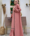 Taş Detaylı Abaya Sıfır Kol Elbise Takım 3657 Pudra