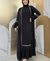 Taş Detaylı Abaya Sıfır Kol Elbise Takım 3657 Siyah