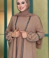 Taş Detaylı Abaya Sıfır Kol Elbise Takım 3657 Vizon