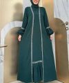 Taş Detaylı Abaya Sıfır Kol Elbise Takım 3657 Zümrüt