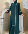 Taş Detaylı Abaya Sıfır Kol Elbise Takım 3657 Zümrüt
