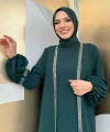 Taş Detaylı Abaya Sıfır Kol Elbise Takım 3657 Zümrüt