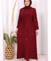 Taş Detaylı Bel Kuşaklı Elbise 3797 Bordo