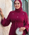 Taş Detaylı Bel Kuşaklı Elbise 3797 Bordo