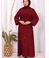 Taş Detaylı Bel Kuşaklı Elbise 3797 Bordo