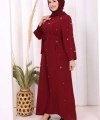 Taş Detaylı Bel Kuşaklı Elbise 3797 Bordo