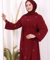 Taş Detaylı Bel Kuşaklı Elbise 3797 Bordo
